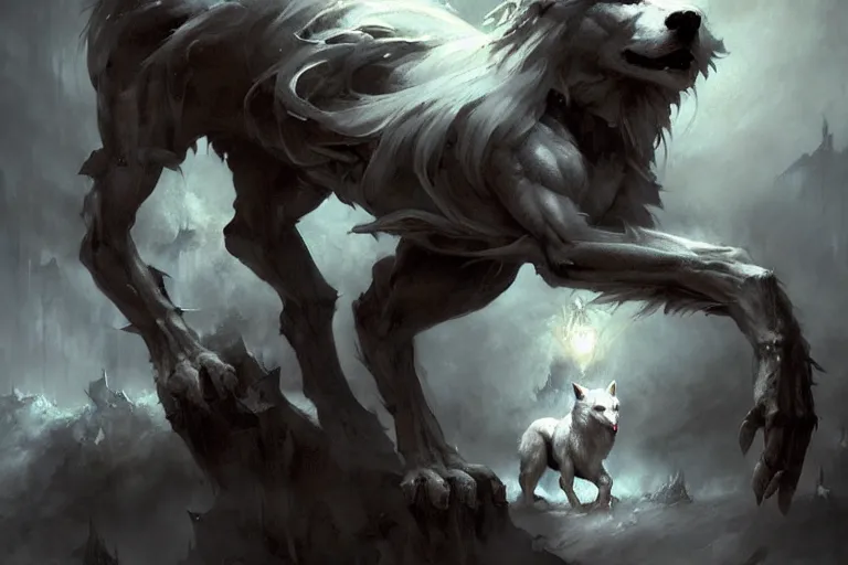 Prompt: white magical wolves made of magical electrical energy, painted by Bastien Lecouffe-Deharme, Frank Frazetta, 4k, 8k, HD