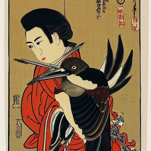 Prompt: A beautiful kinetic sculpture of a man, with an animal skull for a head, and a large bird perched on his shoulder. The man is looking up at the bird with a fierce expression, and the bird is looking back at him with what seems to be an equally intense gaze. vintage Disney by Kunisada