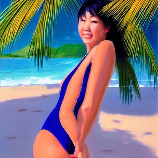 Image similar to perfect, realistic oil painting of close-up japanese woman in racing one-piece swimsuit, at sand beach with palms, by an American professional senior artist, Hollywood concept, dynamic composition and motion