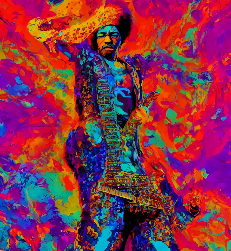 Image similar to jimi hendrix full body, colourful afrofuturist biomorphic opart in background, octane render 8 k, pascal blanche, roger dean, james jean, moebius, syd mead, killian eng, scifi, 8 k