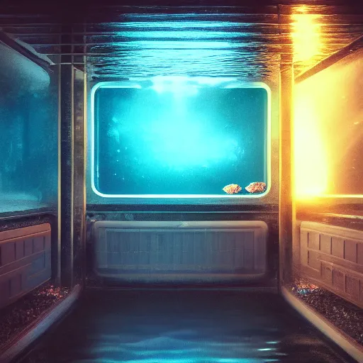 Prompt: a room inside an aquarium where abyssal creatures are visible, cinematic lighting, sun, jellyfish, glass, reflection, trending on artstation, glare, highlighted empty chair