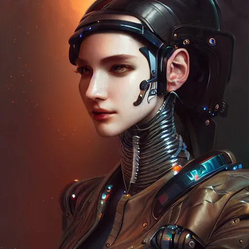 Image similar to portrait of a beautiful cyborg woman, leather jacket, at futuristic cyberpunk tokyo night, sci - fi and fantasy, intricate and very very very beautiful, highly detailed, digital painting, artstation, concept art, smooth and sharp focus, illustration, art by tian zi and wlop and alphonse mucha