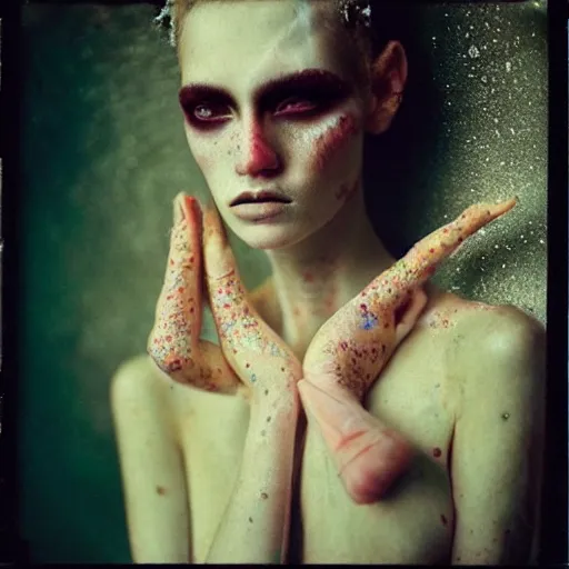 Image similar to kodak portra 4 0 0, wetplate, photo of a surreal artsy dream scene,, weird fashion, in the nature, highly detailed face, very beautiful model, portrait, expressive eyes, close up, extravagant dress, carneval, animal, wtf, photographed by paolo roversi style and julia hetta