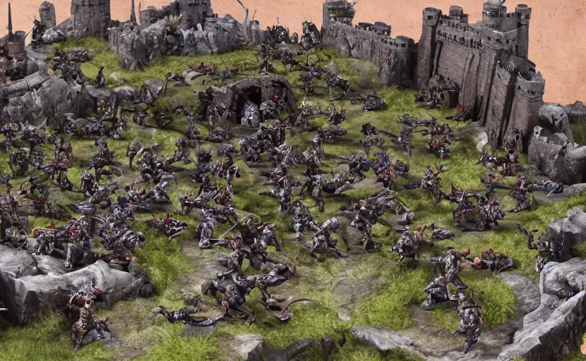 Image similar to diorama of minions fighting orcs in the battle of helm's deep, giant castle walls, realistic, 4 k, detailed