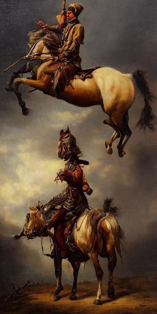 Prompt: Highly detailed and cinematic romantic period oil painting of an Arabian soldier riding a rearing horse, strong atmosphere, oil painting masterpiece by Josep Tapiró Baró, symmetry, fractals