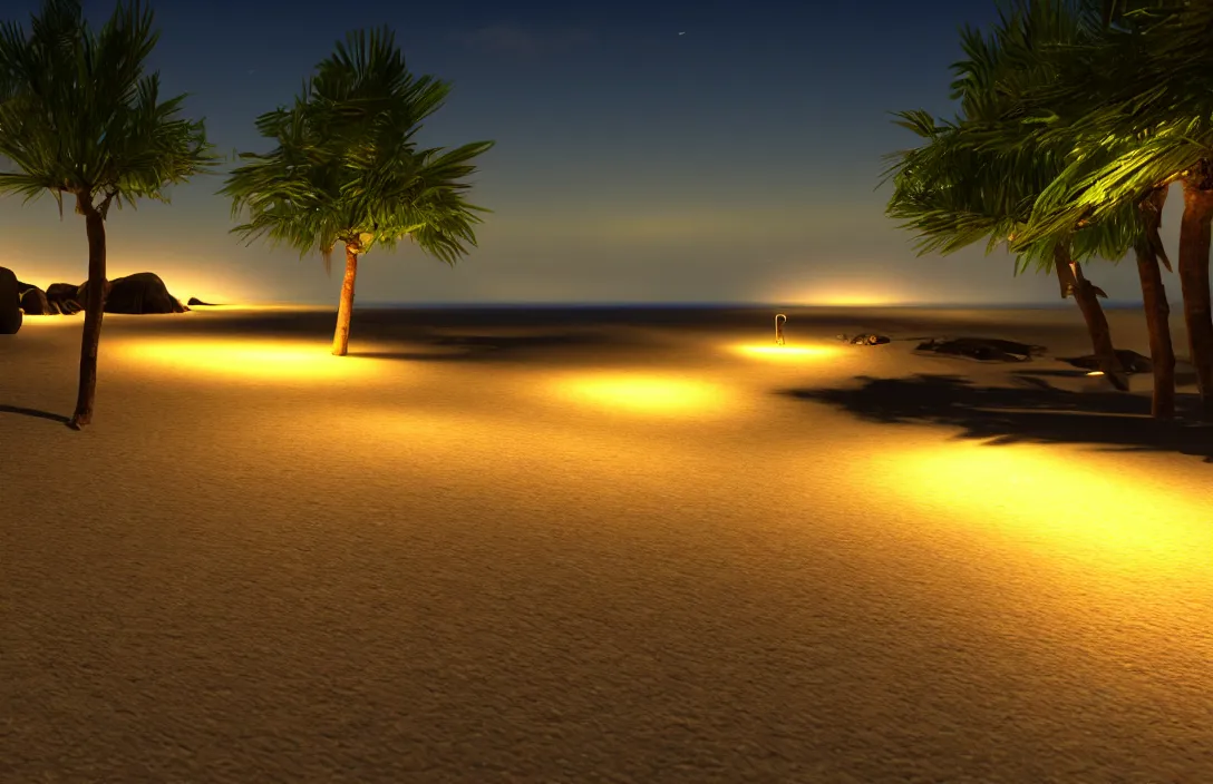 Image similar to on the beach by the sea, at night, unreal engine rendering, with light and shadow