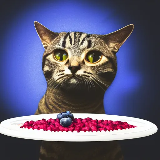 Prompt: a cat is standing near a blueberry cheesecake, chromatic aberration, medium level shot, illustration, concept art,