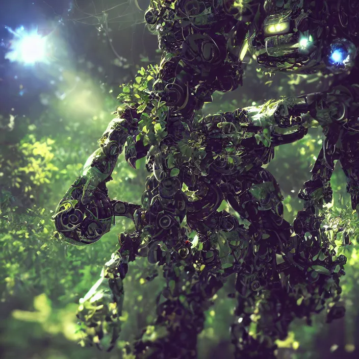 Prompt: overgrown foliage taking over an abandoned robot body, close - up, 3 5 mm, biopunk, bokeh, beautiful, lens flare, emotional, sweet, flowers, detailed, picture, trending on artstation, award - winning, shiny, golden