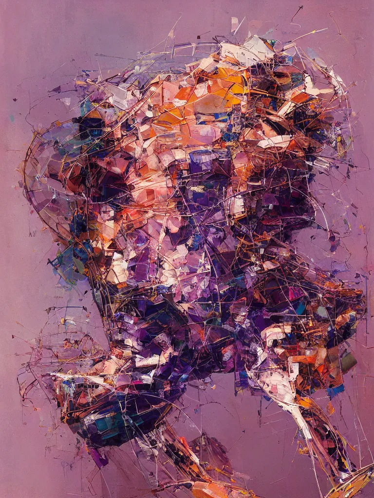 Image similar to a beautiful glitched abstract geometric painting by robert proch and robert heindel of an anatomy study of a mechanical nervous system on spinal structure, color bleeding, pixel sorting, copper oxide and rust materials, brushstrokes by jeremy mann, cold top lighting, pastel purple background