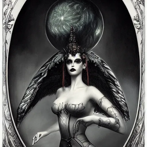 Prompt: By Tom Bagshaw, ultra realist soft painting of curiosities festival by night, very beautiful demoness in long gothic dress glass sphere, symmetry accurate features, very intricate details, omnious sky, black and white, volumetric light clouds