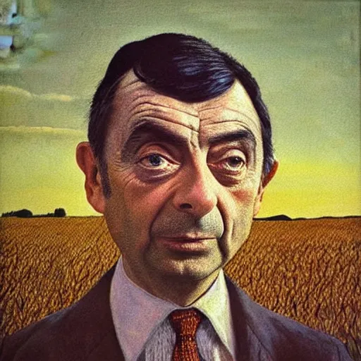 Image similar to “An Andrew Wyeth painting of Mr. Bean in a field of wheat at sunset”