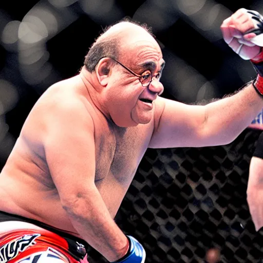 Prompt: a photograph of Danny DeVito inside a UFC match, portra 800