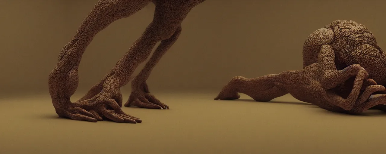 Image similar to a strange creature sitting on the floor in the home room, film still from the movie directed by Denis Villeneuve with art direction by Zdzisław Beksiński, close up, telephoto lens, shallow depth of field, beautiful detailed intricate insanely detailed octane render, 8K artistic photography, photorealistic