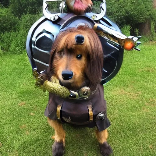 Prompt: Dog with paladin sword and shield