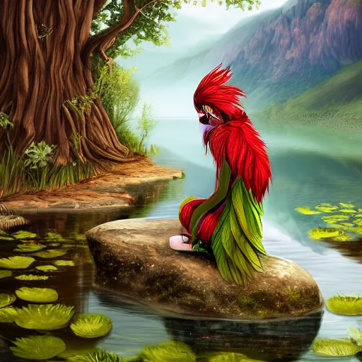 Prompt: prompt Young Woman, wearing Inka clothes, Harpy, red feathered wings, sad expression, sitting at a pond, mountainous area, trees in the background, digital art