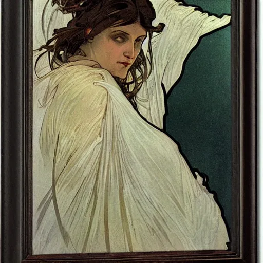 Prompt: pale woman, angry, painted by alphonse mucha