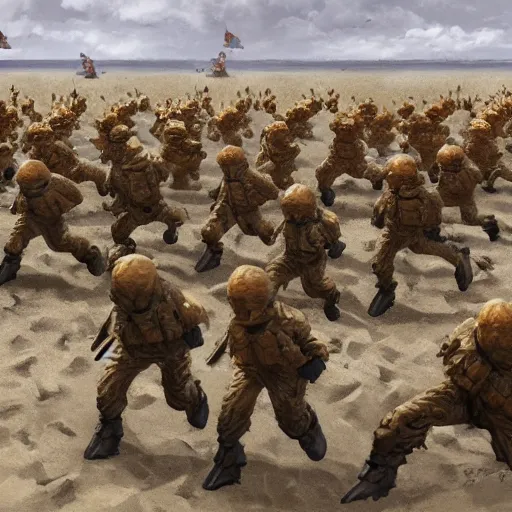 Image similar to chicken soldiers storming the beach d - day in normandy, hyperdetailed, artstation, cgsociety, 8 k
