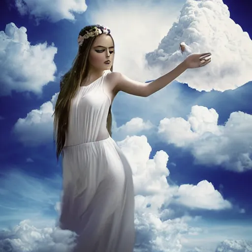 Image similar to goddess wearing a cloud fashion on the clouds, photoshop, colossal, creative, giant, digital art, photo manipulation, clouds, sky view from the airplane window, covered in clouds, girl clouds, on clouds, covered by clouds, a plane
