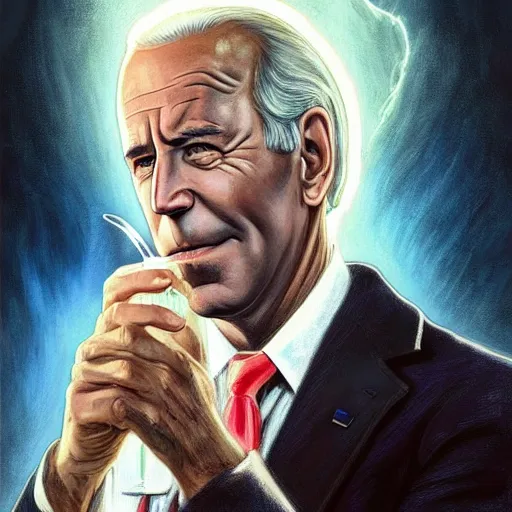 Image similar to Beautiful face Portrait of Jeffrey Epstein and Joe Biden and devil Lucifer drinking together, powerful , magic, thunders, dramatic lighting, intricate, wild, highly detailed, digital painting, artstation, concept art, smooth, sharp focus, illustration, art by artgerm and greg rutkowski and alphonse mucha, footage from space camera