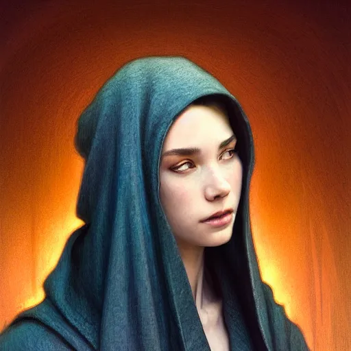 Image similar to Portrait of a young woman wearing a hooded robe, in a trance, non-centered shot, unique, intricate, elegant, highly detailed, digital painting, artstation, concept art, smooth, sharp focus, illustration, art by artgerm and greg rutkowski and alphonse mucha, by beksinski