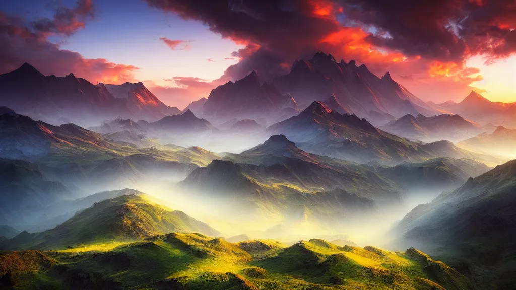 Image similar to amazing landscape photo of an isekai world in sunset by marc adamus, beautiful dramatic lighting