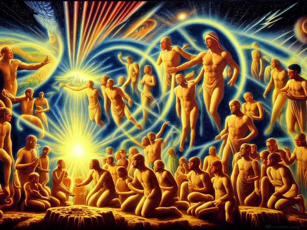 Image similar to a beautiful scenery of humanity evolving into god like beings, spiritual science, divinity, utopian, by david a. hardy, wpa, public works mural, socialist