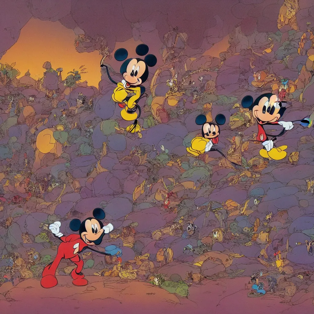 Prompt: 8k Disney's Mickey Mouse in a fantasy world, by Moebius