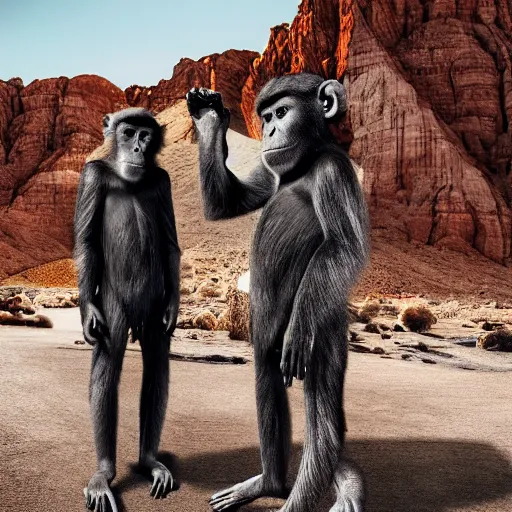 Prompt: Contamporary art fashion photography of ultra mega super hyper realistic detailed group of monkey's in suits standing around very highly detailed Obsidian monolith in the desert