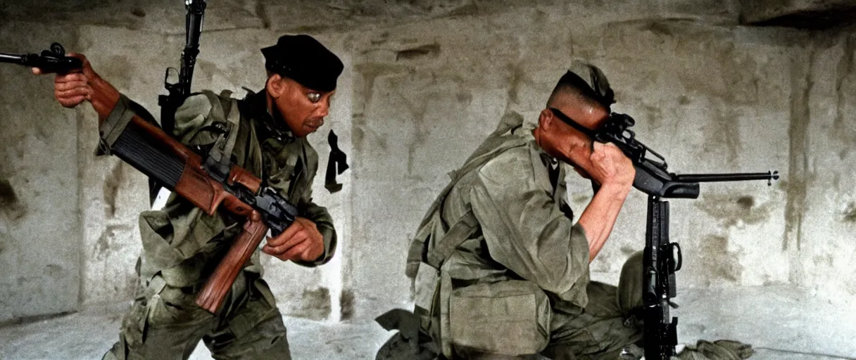 Image similar to filmic extreme wide shot dutch angle movie still 4k UHD 35mm film color photograph of a soldier wearing a 1982 us military outfit shooting an AK-47 toward the camera with a terrified look on his face, inside of a military bunker, in the style of a 1980s action film