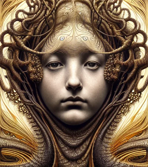 Image similar to detailed realistic beautiful gold goddess face portrait by jean delville, gustave dore, iris van herpen and marco mazzoni, art forms of nature by ernst haeckel, art nouveau, symbolist, visionary, gothic, neo - gothic, pre - raphaelite, fractal lace, intricate alien botanicals, biodiversity, surreality, hyperdetailed ultrasharp octane render