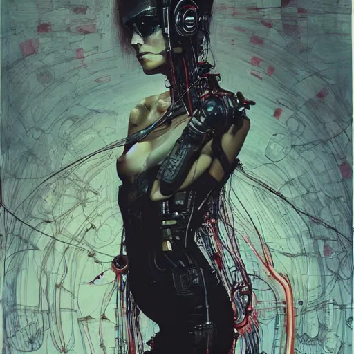 Image similar to olivia munn as a cyberpunk noir detective, skulls, wires cybernetic implants, machine noir grimcore, in the style of adrian ghenie esao andrews jenny saville surrealism dark art by james jean takato yamamoto and by ashley wood and mike mignola