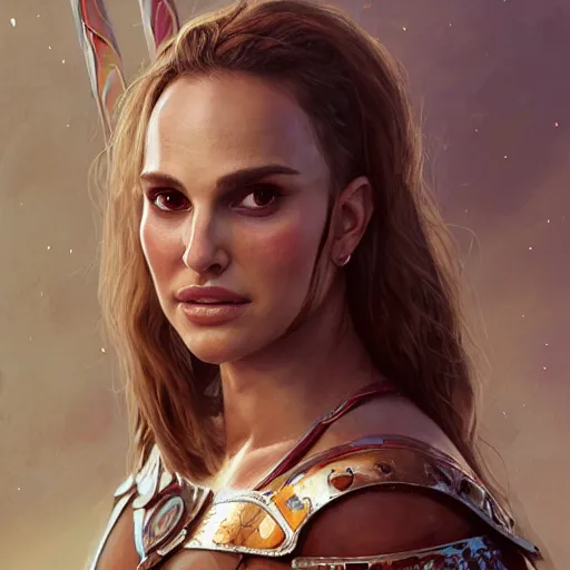 Image similar to portrait of natalie portman as a barbarian warrior, au naturel, hyper detailed, digital art, trending in artstation, cinematic lighting, studio quality, smooth render, unreal engine 5 rendered, octane rendered, art style by klimt and nixeu and ian sprigger and wlop and krenz cushart.