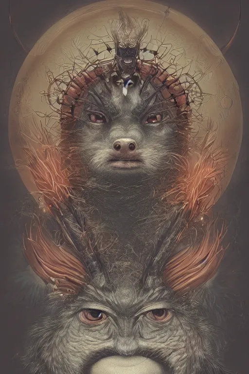 Image similar to a portrait of a symmetrical japanese devil animal illustrated by miyazaki by karol bak, james jean, tom bagshaw, rococo, sharp focus, trending on artstation, cinematic lighting, hyper realism, octane render, 8 k, hyper detailed, vivid, ultra detailed, highly detailed