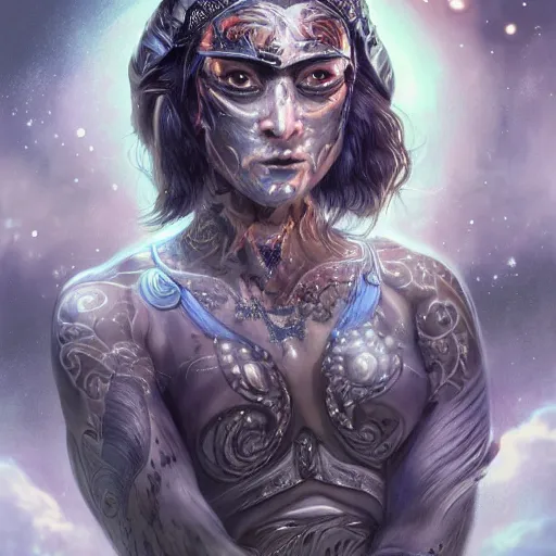 Prompt: a WLOP 3d render of Very very very very highly detailed beautiful mystic portrait of a phantom warrior with galaxy, tattoos by Anton Pieck, intricate, extremely detailed, digital painting, artstation, concept art, smooth, sharp focus, illustration, intimidating lighting, incredible art,