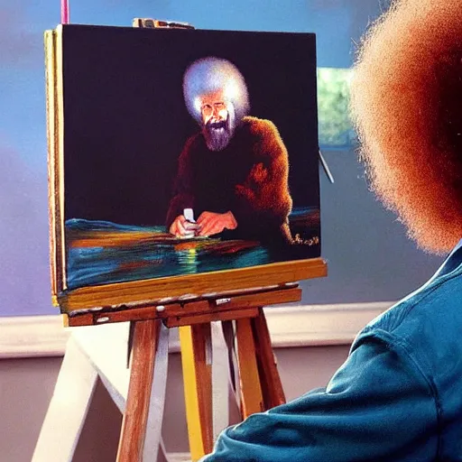 Prompt: an oil painting of Bob Ross painting Bob Ross painting
