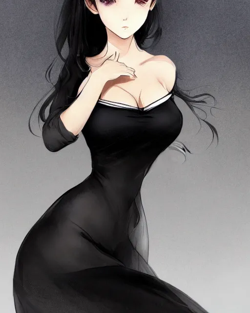 Image similar to A frontal fullbody painting of a beautiful brunette witch and wearing a cute translucent black dress looking at the viewer, elegant, delicate, stunning, soft lines, feminine figure, higly detailed, ultraHD, 8k, smooth , pixiv art, cgsociety, artgem, high quality, digital illustration, concept art, masterpiece