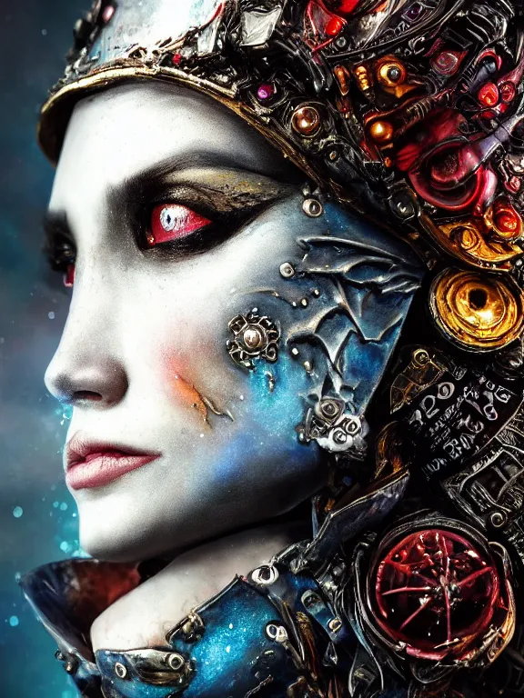 Image similar to portrait art of 8k ultra realistic undead vampire queen, ornate intricate smashed galaxy helmet , detailed intricate ornate armour,blade runner, cybernetic, full of colour, cinematic lighting, battered, trending on artstation, 4k, hyperrealistic, focused, extreme details,unreal engine 5, cinematic, masterpiece, art by ayami kojima, giger