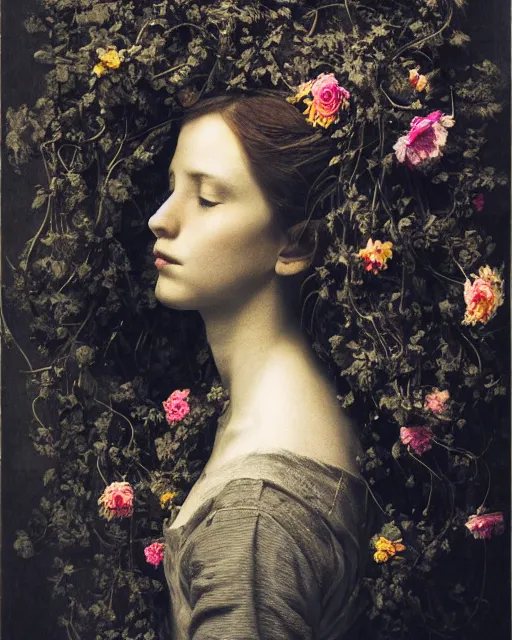 Prompt: a woman's face in profile, long hair made of flowers and vines, in the style of the Dutch masters and Gregory Crewdson, dark and moody