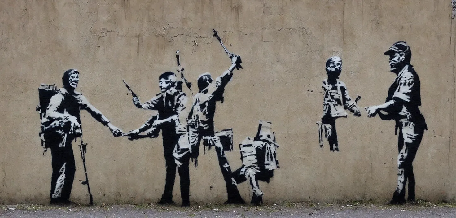 Prompt: love war and apocalypse, banksy, street art