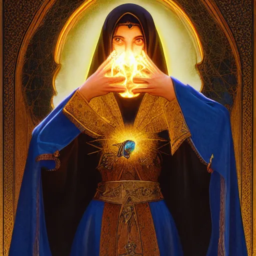 Prompt: portrait of a middle - eastern female cleric with straight black hair wearing blue and yellow vestments summoning a fireball, fantasy, highly detailed, digital painting, artstation, concept art, character art, art by greg rutkowski and tyler jacobson and alphonse mucha