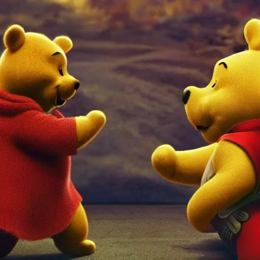 Image similar to an award winning cinematic still of Xi Jinping fighting Winnie the Pooh, 16k photograph, epic battle