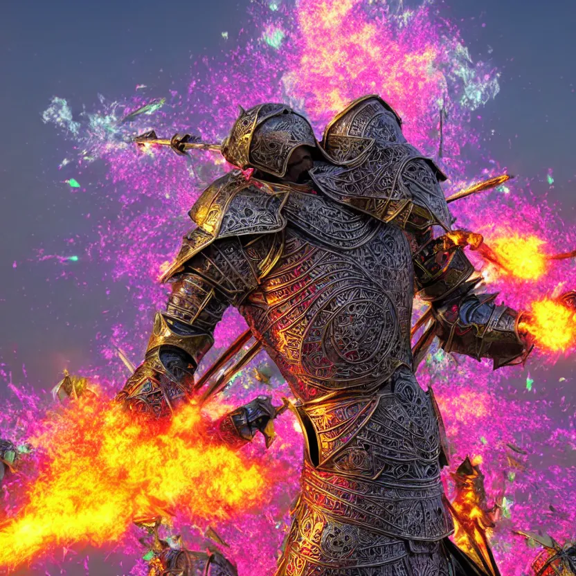 Image similar to hyper realistic matte painting of a medieval fantasy knight in a t - pose exploding into colorful metal shrapnel, octane render by alex grey