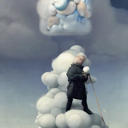 Image similar to Portrait of the Nimbus Cloud King wearing a poofy marshmallow coat whilst standing atop a cloud-covered mountain peak paul klee andrew wyeth edawrd hopper tom bagshaw stanton feng bastien lecouffe-deharme tombow oil painting