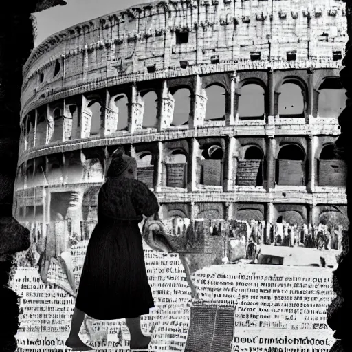 Prompt: a woman making lemonade in front of the colosseum, newspaper collage