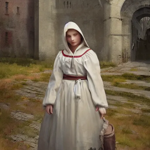 Prompt: Latvian girl in traditional clothes, Riga, matte painting, greg rutkowski