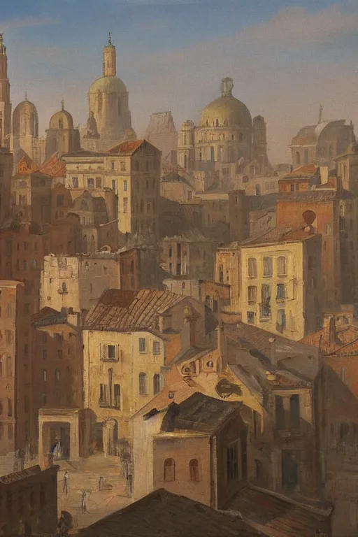 Image similar to painting of view of old European city with mix of vicotris houses and middle eastern architecture fusion, photoreal, sunlit morning smog , painting by Charles Leickert , old master painting