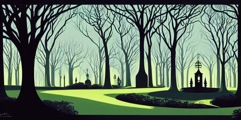 Prompt: park with gothic lanterns, gouache, animated film, stylised, illustration, by eyvind earle, scott wills, genndy tartakovski, syd mead