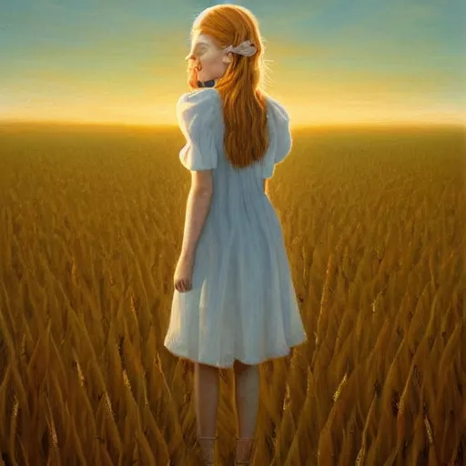 Image similar to close-up shot, a beautiful painting of a girl in a airy semi-transparent thin light dress standing in the glowing wheat fields, mystical setting, afternoon sun, long shadows, photo from the back, by Mark Ryden, Felix Kelly, trending on artstation