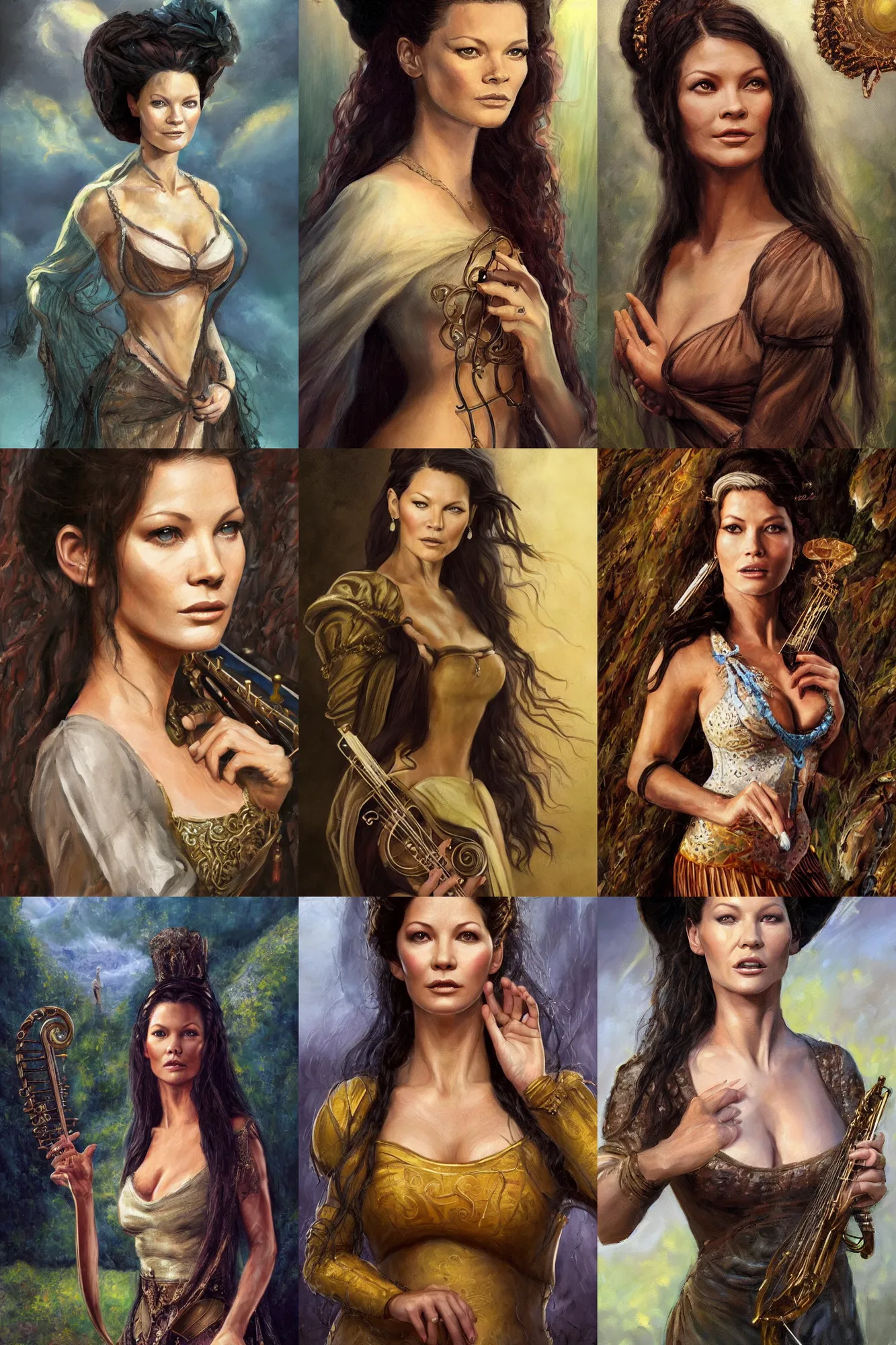 Prompt: a full body high detail fantasy portrait oil painting illustration of young catherine zeta - jones as a beautiful sophisticated singing bard woman by justin sweet with face and body clearly visible, in a scenic background, pupils visible, realistic proportions, d & d, rpg, forgotten realms, artstation trending, high quality, sombre mood, artstation trending, muted colours, entire person visible!