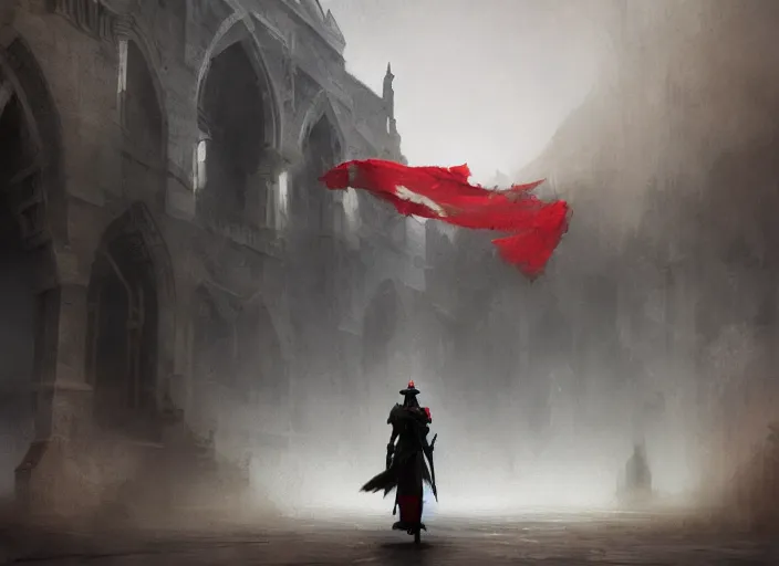 Image similar to empty world, knight with old red flag, ashes around, volumetric lighting, digital painting, highly detailed, artstation, sharp focus, illustration, concept art, ruan jia, steve mccurry, amazing composition, gothic arch frame